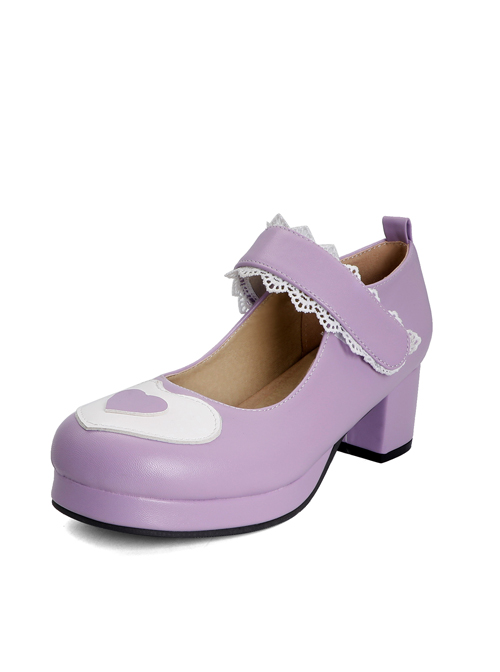 Cute Heart Pattern Thick Heel Sweet Lolita Velcro High Heel Shoes