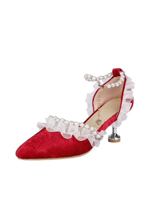 Beaded Chain Frill Lace Classic Lolita Tea Party Elegant Velour Pointed-toe High Heel Shoes