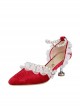 Beaded Chain Frill Lace Classic Lolita Tea Party Elegant Velour Pointed-toe High Heel Shoes