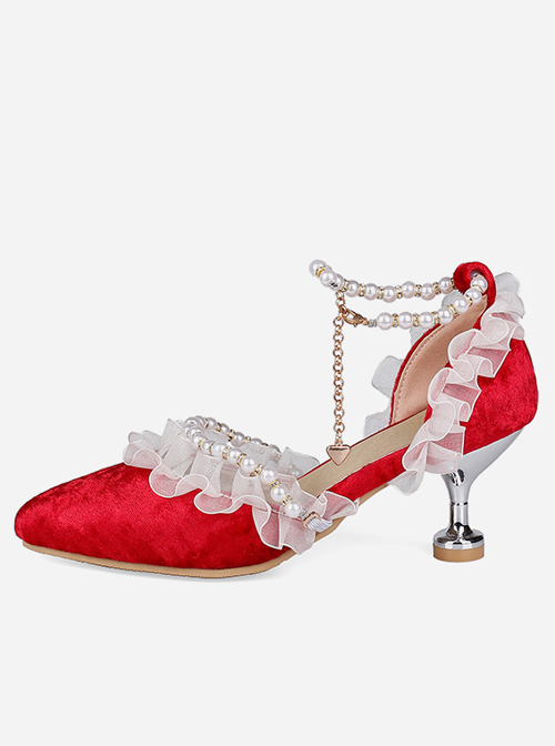 Beaded Chain Frill Lace Classic Lolita Tea Party Elegant Velour Pointed-toe High Heel Shoes