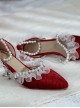 Beaded Chain Frill Lace Classic Lolita Tea Party Elegant Velour Pointed-toe High Heel Shoes