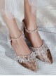Beaded Chain Frill Lace Classic Lolita Tea Party Elegant Velour Pointed-toe High Heel Shoes