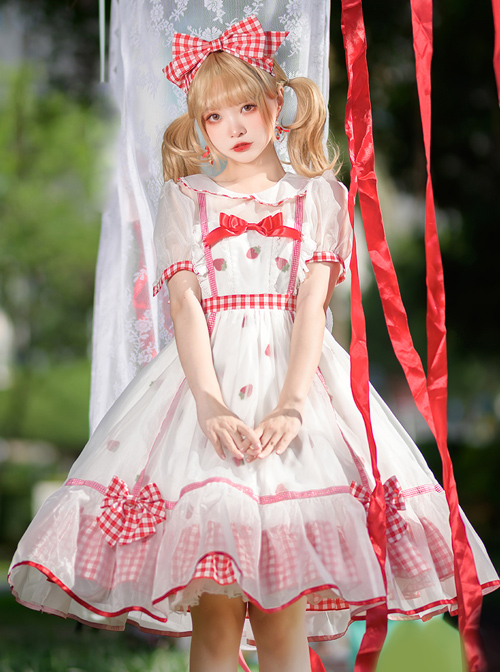 Strawberry Fruit Series OP Cute Bowknot Sweet Lolita Short Sleeve Dress