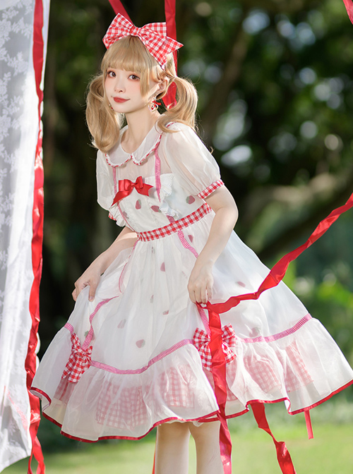 Strawberry Fruit Series OP Cute Bowknot Sweet Lolita Short Sleeve Dress