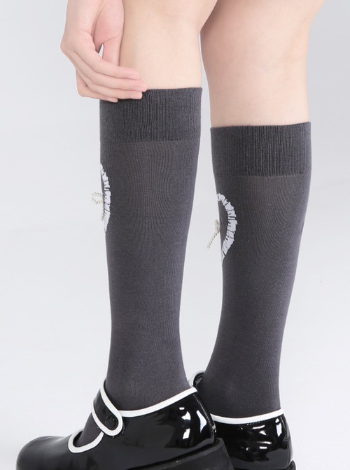 Stereoscopic Pearl Bowknot Heart Pattern Sweet Lolita Gray Knee Socks