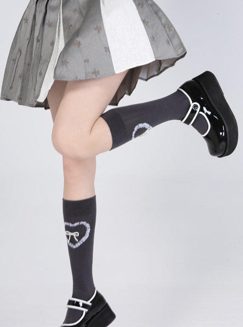 Stereoscopic Pearl Bowknot Heart Pattern Sweet Lolita Gray Knee Socks