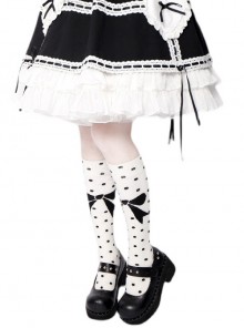 Black Polka Dot Bowknot Pattern Sweet Lolita White Knee Socks