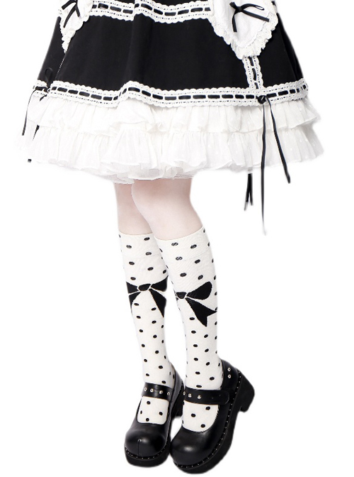 Black Polka Dot Bowknot Pattern Sweet Lolita White Knee Socks