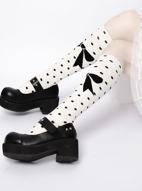 Black Polka Dot Bowknot Pattern Sweet Lolita White Knee Socks