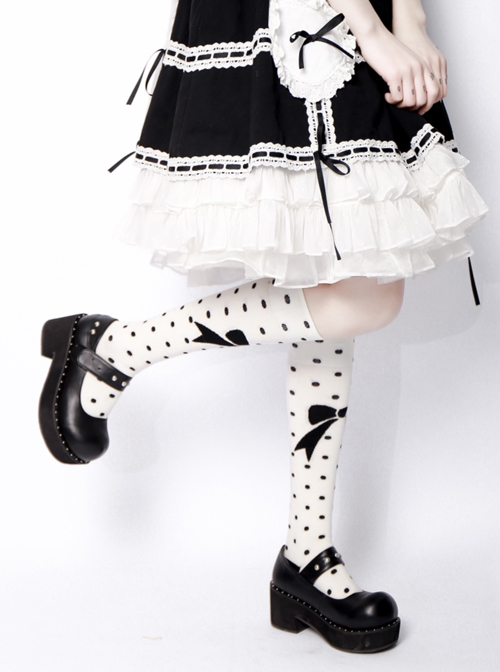 Black Polka Dot Bowknot Pattern Sweet Lolita White Knee Socks