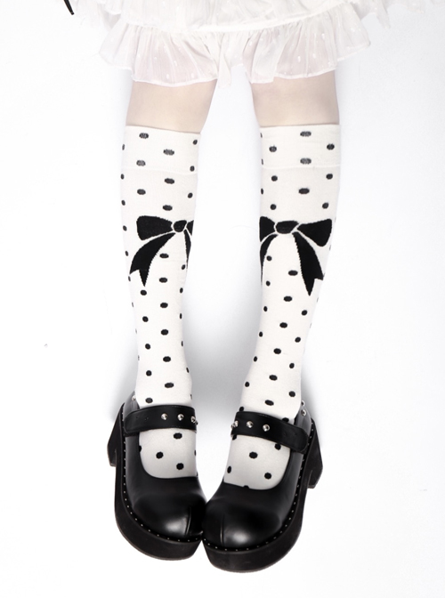 Black Polka Dot Bowknot Pattern Sweet Lolita White Knee Socks