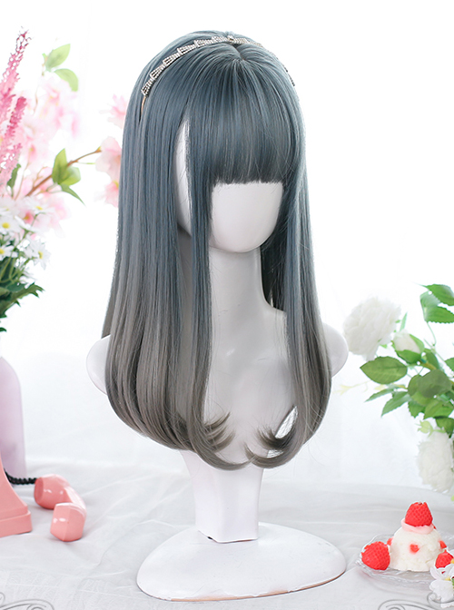 Dark Blue Gradient Gray Natural Internal Buckle Medium-Long Curly Wig Classic Lolita Wigs