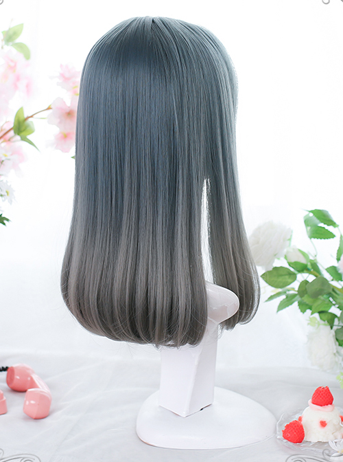 Dark Blue Gradient Gray Natural Internal Buckle Medium-Long Curly Wig Classic Lolita Wigs