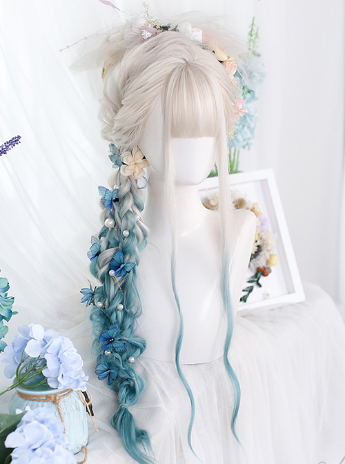 Silver Natural Gradient Green Long Water Ripple Curly Wig Classic Lolita Wigs