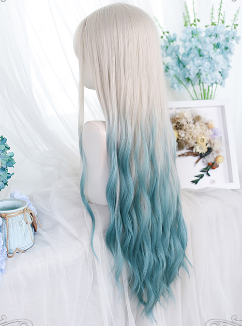 Silver Natural Gradient Green Long Water Ripple Curly Wig Classic Lolita Wigs