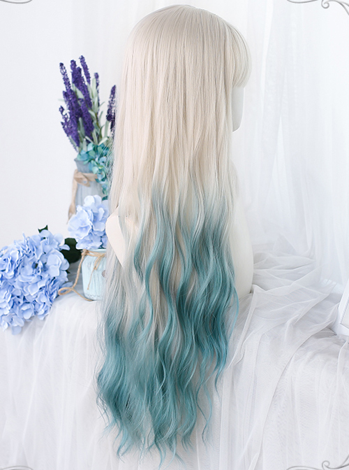 Silver Natural Gradient Green Long Water Ripple Curly Wig Classic Lolita Wigs