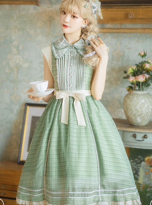 Jungle Letterhead Series Pastoral Style Daily Classic Lolita Green Plaid Sleeveless Dress