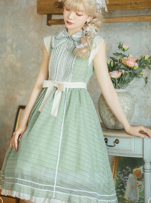 Jungle Letterhead Series Pastoral Style Daily Classic Lolita Green Plaid Sleeveless Dress