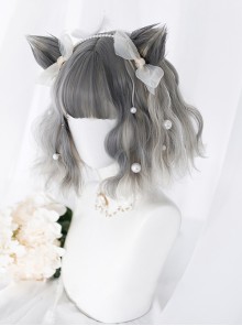 Gray Gradient Silver Short Curly Wig Sweet Lolita Wigs With Cat Ears Clips