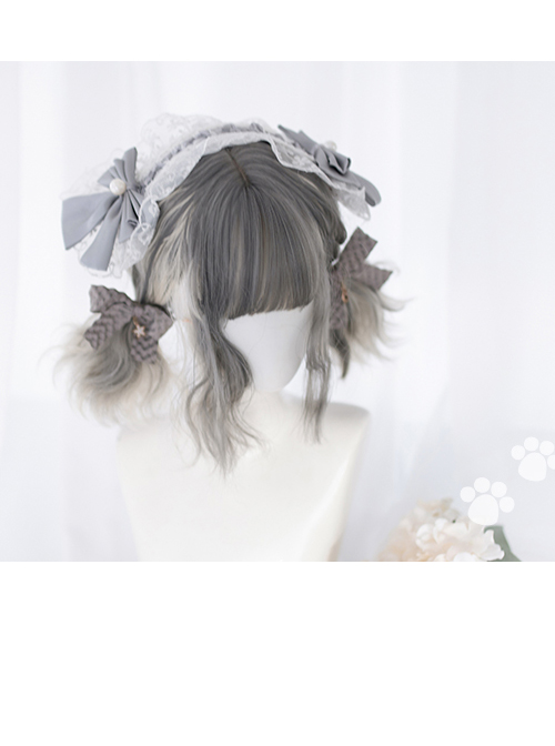 Gray Gradient Silver Short Curly Wig Sweet Lolita Wigs With Cat Ears Clips