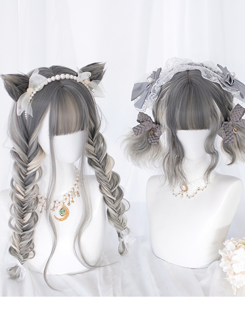 Gray Gradient Silver Short Curly Wig Sweet Lolita Wigs With Cat Ears Clips