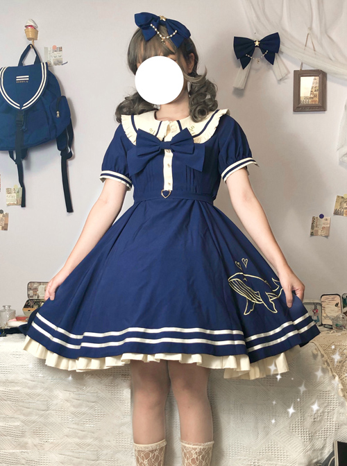 Small Sea Whale Series Doll Collar Embroidery School Lolita Short Sleeve Dress