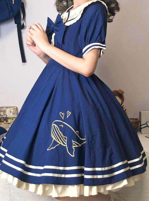 Small Sea Whale Series Doll Collar Embroidery School Lolita Short Sleeve Dress