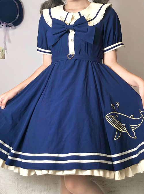 Small Sea Whale Series Doll Collar Embroidery School Lolita Short Sleeve Dress