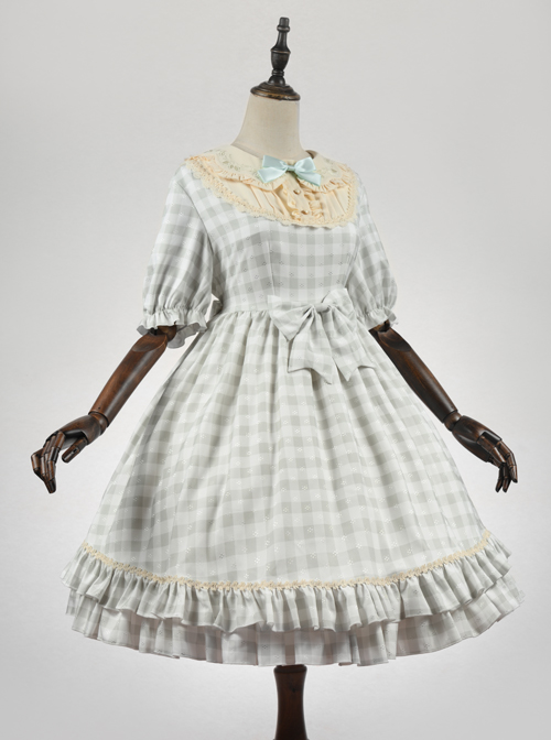 Embroidery Doll Collar Plaid Pattern Ruffle Hem Sweet Lolita Short Sleeve Dress