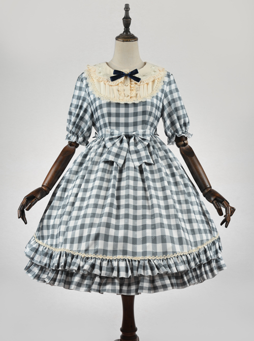 Embroidery Doll Collar Plaid Pattern Ruffle Hem Sweet Lolita Short Sleeve Dress