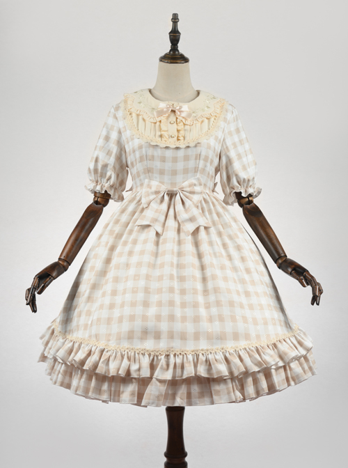 Embroidery Doll Collar Plaid Pattern Ruffle Hem Sweet Lolita Short Sleeve Dress