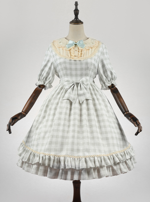 Embroidery Doll Collar Plaid Pattern Ruffle Hem Sweet Lolita Short Sleeve Dress