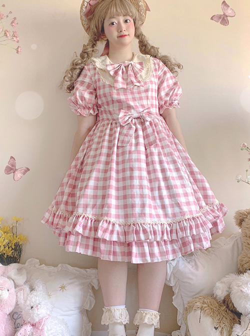 Embroidery Doll Collar Plaid Pattern Ruffle Hem Sweet Lolita Short Sleeve Dress