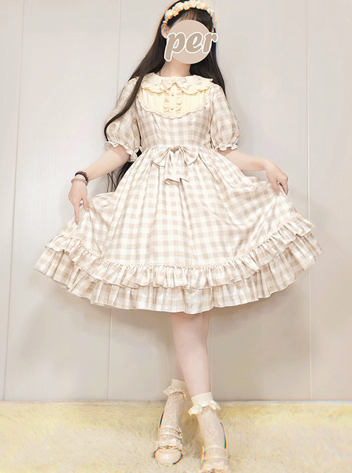 Embroidery Doll Collar Plaid Pattern Ruffle Hem Sweet Lolita Short Sleeve Dress