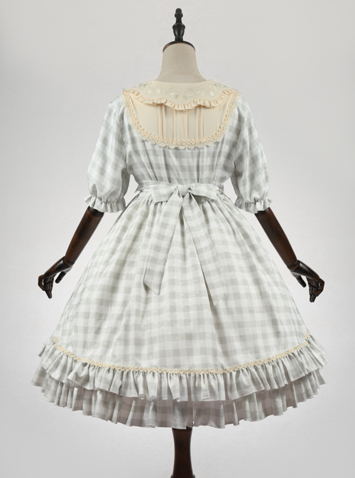 Embroidery Doll Collar Plaid Pattern Ruffle Hem Sweet Lolita Short Sleeve Dress