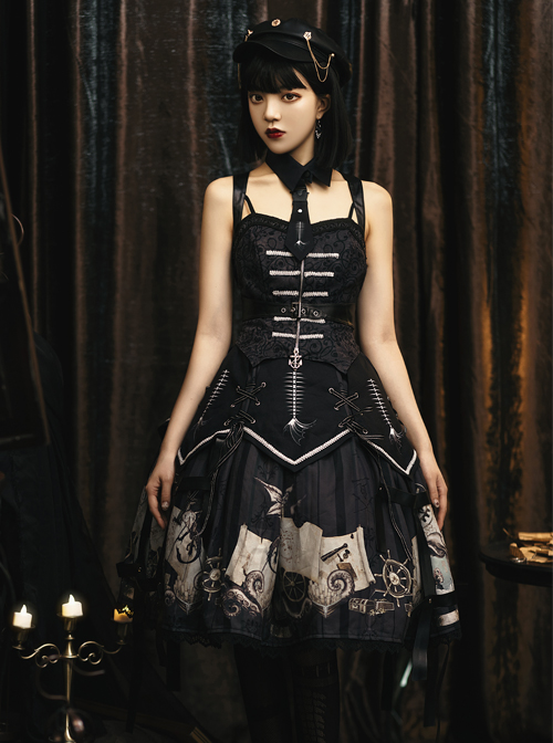 Pirate Boat Series JSK Retro Darkness Punk Lolita Sling Dress