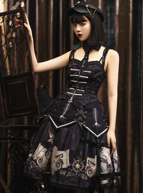 Pirate Boat Series JSK Retro Darkness Punk Lolita Sling Dress