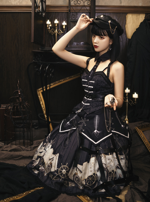 Pirate Boat Series JSK Retro Darkness Punk Lolita Sling Dress