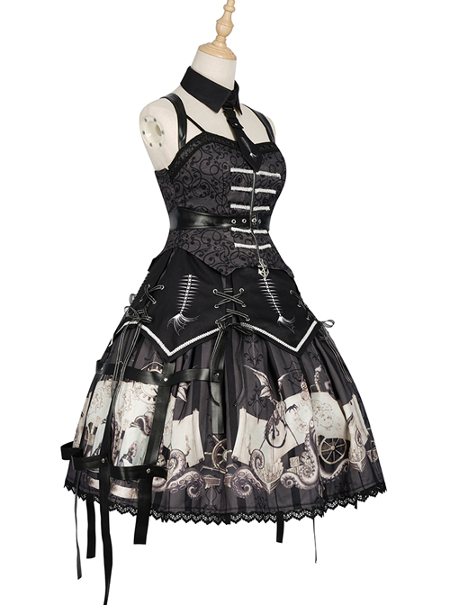 Pirate Boat Series JSK Retro Darkness Punk Lolita Sling Dress