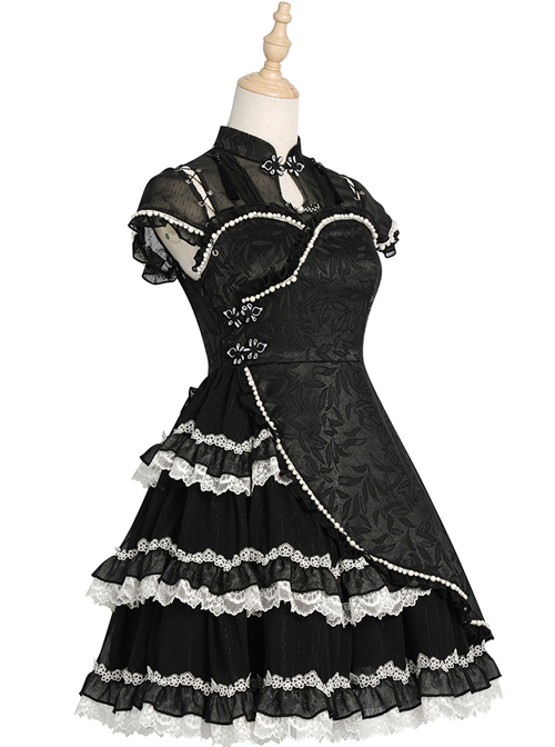 Damask Series OP Chinese Style Black Short Cheongsam Retro Elegant Gothic Lolita Short Sleeve Dress