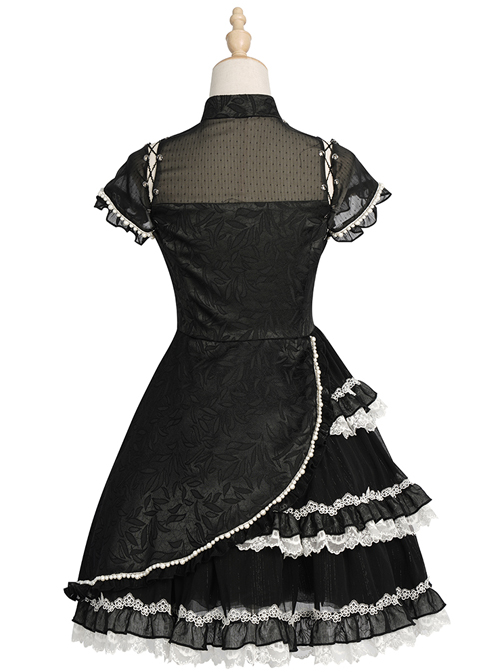 Damask Series OP Chinese Style Black Short Cheongsam Retro Elegant Gothic Lolita Short Sleeve Dress