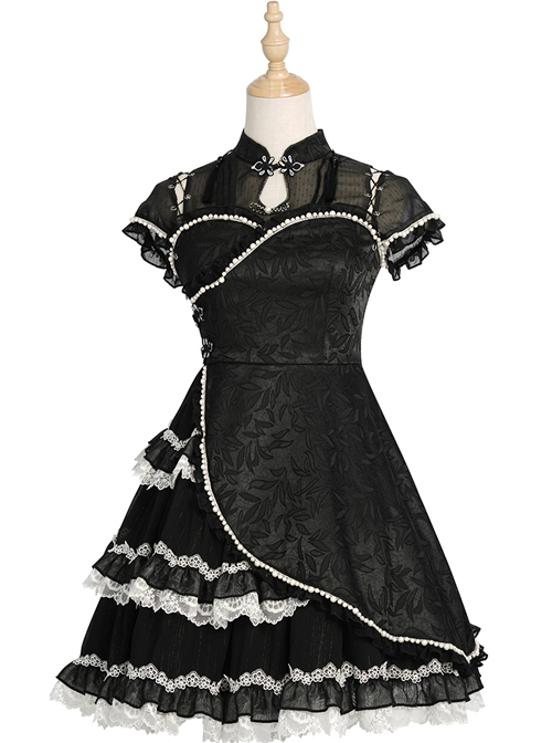 Damask Series OP Chinese Style Black Short Cheongsam Retro Elegant Gothic Lolita Short Sleeve Dress