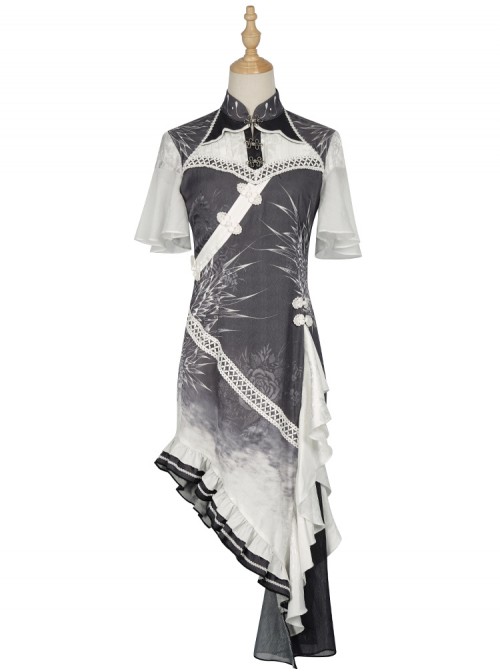 Solitary Crane Cries Series OP Chinese Style Cheongsam Elegant Light Classic Lolita Short Sleeve Dress