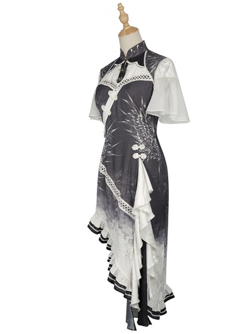 Solitary Crane Cries Series OP Chinese Style Cheongsam Elegant Light Classic Lolita Short Sleeve Dress