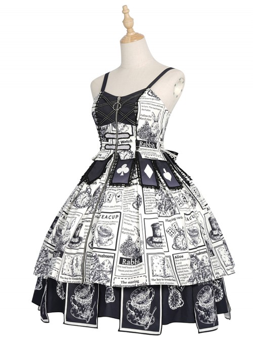 Black White Alice Series JSK Retro Splicing Punk Lolita Sling Dress