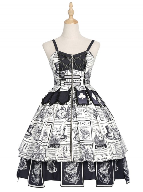 Black White Alice Series JSK Retro Splicing Punk Lolita Sling Dress