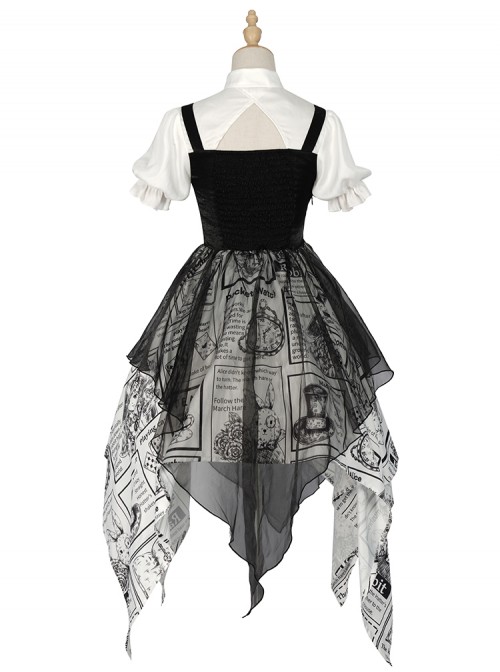 Black White Alice Series OP Retro Splicing Irregular Hem Punk Lolita Short Sleeve Dress