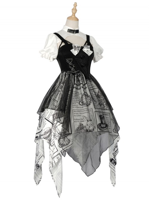 Black White Alice Series OP Retro Splicing Irregular Hem Punk Lolita Short Sleeve Dress