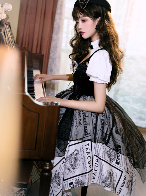 Black White Alice Series OP Retro Splicing Irregular Hem Punk Lolita Short Sleeve Dress