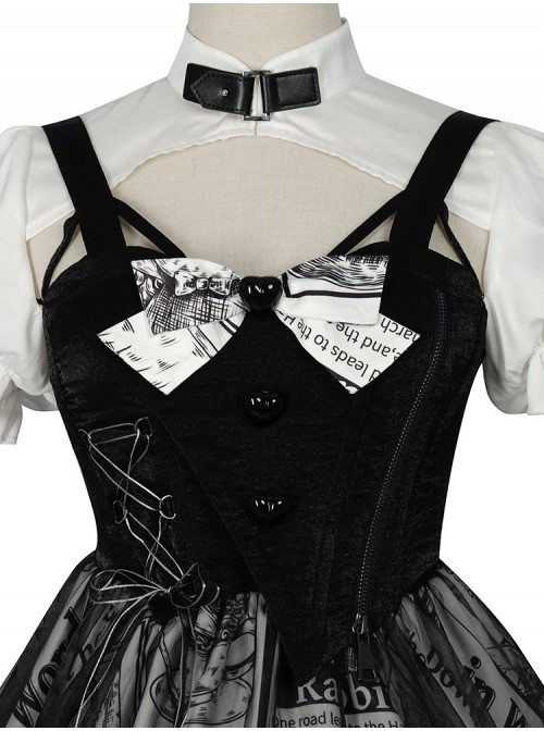 Black White Alice Series OP Retro Splicing Irregular Hem Punk Lolita Short Sleeve Dress